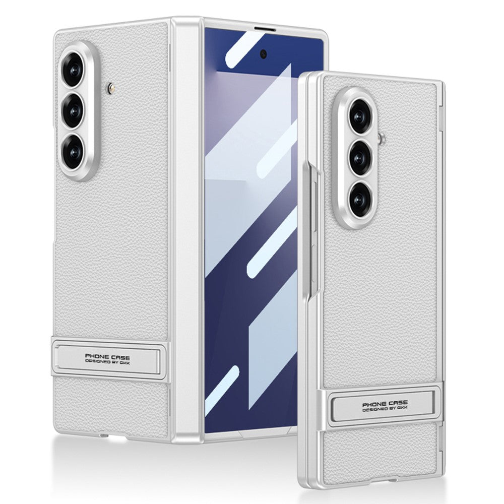 GKK For Samsung Galaxy Z Fold7 5G Kickstand Case Hinge Protection PU PC Tempered Glass Phone Cover - White