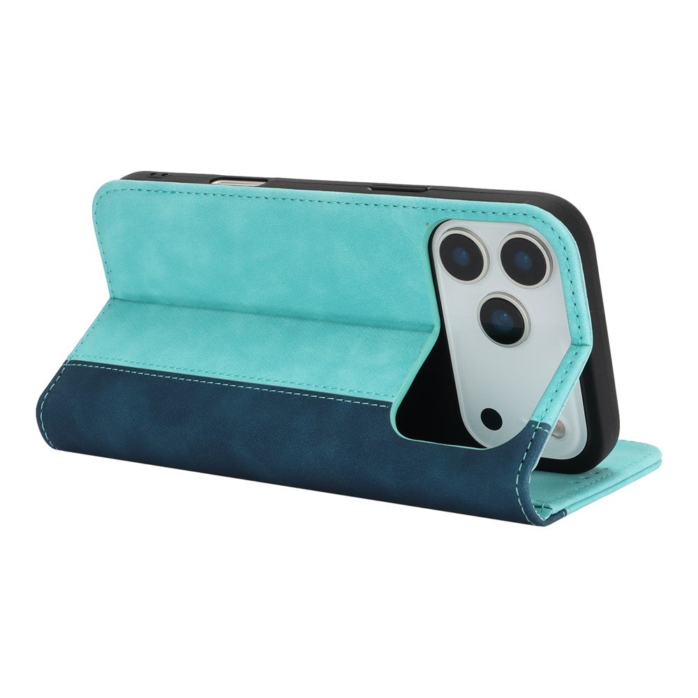For iPhone 17 Pro Max Case Calf Texture 3 Card Slots Color Splicing Leather Phone Cover - Light Blue+Dark Blue