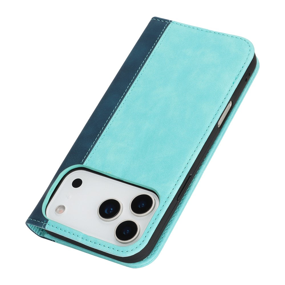 For iPhone 17 Pro Max Case Calf Texture 3 Card Slots Color Splicing Leather Phone Cover - Light Blue+Dark Blue