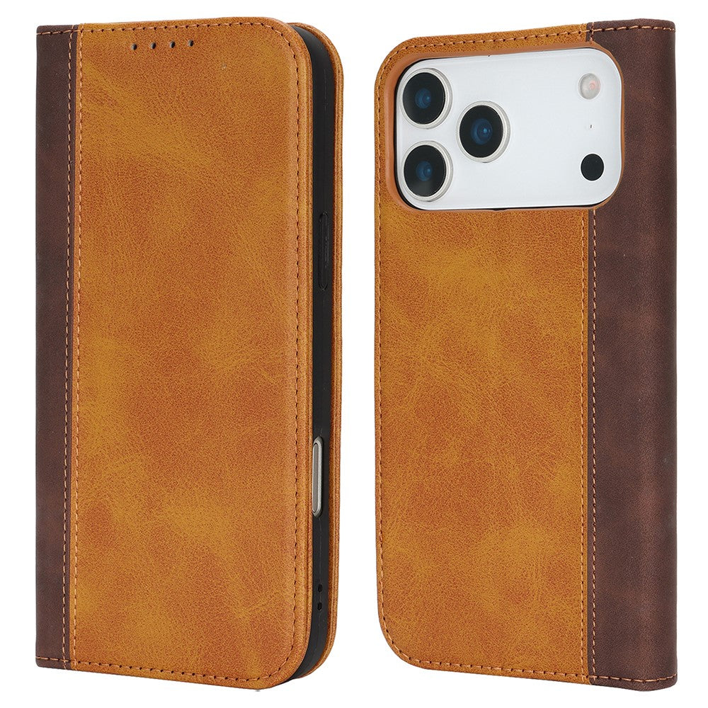 For iPhone 17 Pro Max Case Calf Texture 3 Card Slots Color Splicing Leather Phone Cover - Yellow+Brown