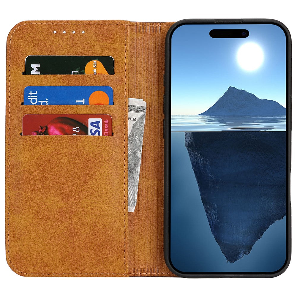 For iPhone 17 Pro Max Case Calf Texture 3 Card Slots Color Splicing Leather Phone Cover - Yellow+Brown