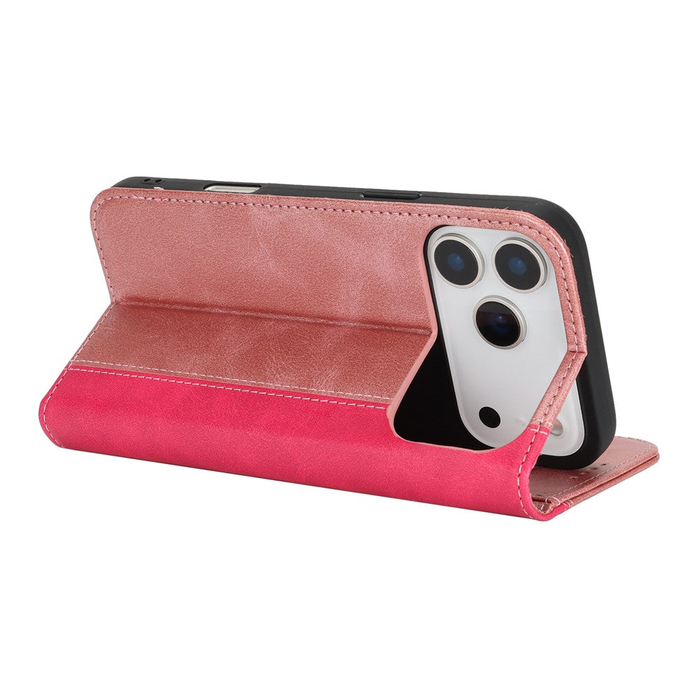 For iPhone 17 Pro Max Case Calf Texture 3 Card Slots Color Splicing Leather Phone Cover - Rose Gold+Rose