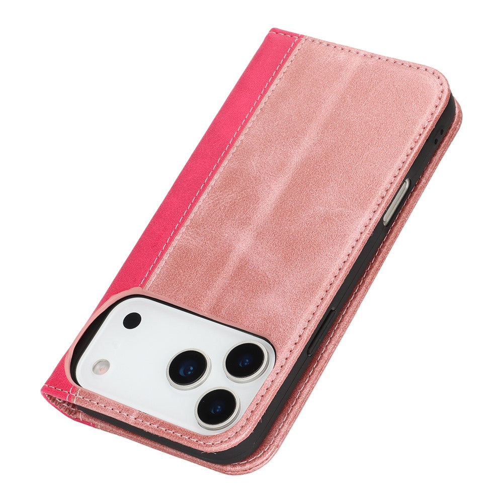 For iPhone 17 Pro Max Case Calf Texture 3 Card Slots Color Splicing Leather Phone Cover - Rose Gold+Rose