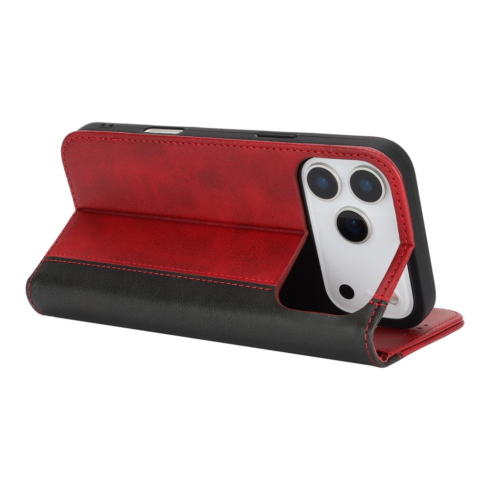 For iPhone 17 Pro Max Case Calf Texture 3 Card Slots Color Splicing Leather Phone Cover - Red+Black