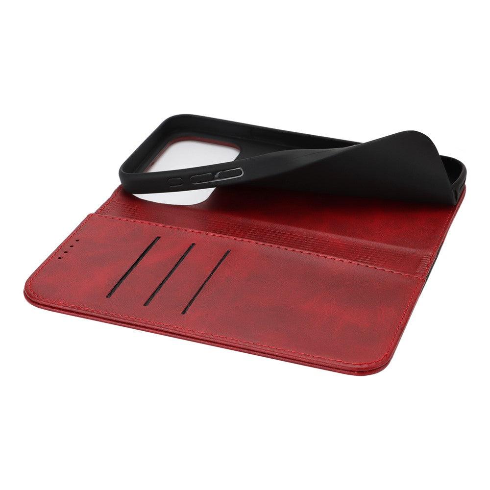 For iPhone 17 Pro Max Case Calf Texture 3 Card Slots Color Splicing Leather Phone Cover - Red+Black