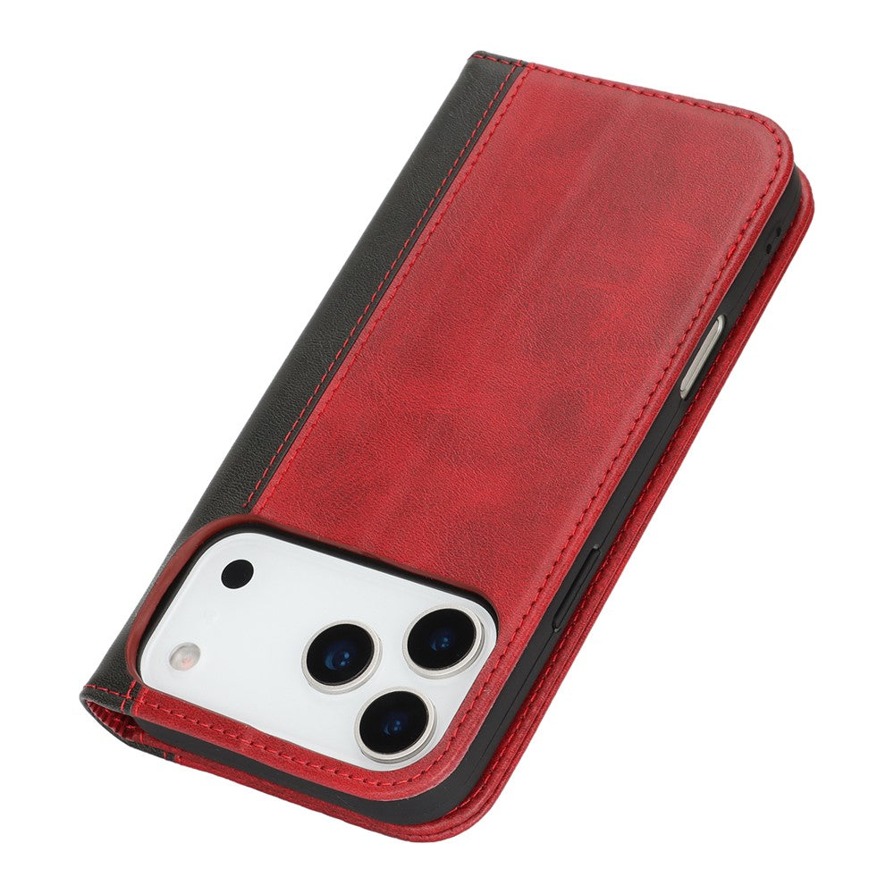 For iPhone 17 Pro Max Case Calf Texture 3 Card Slots Color Splicing Leather Phone Cover - Red+Black