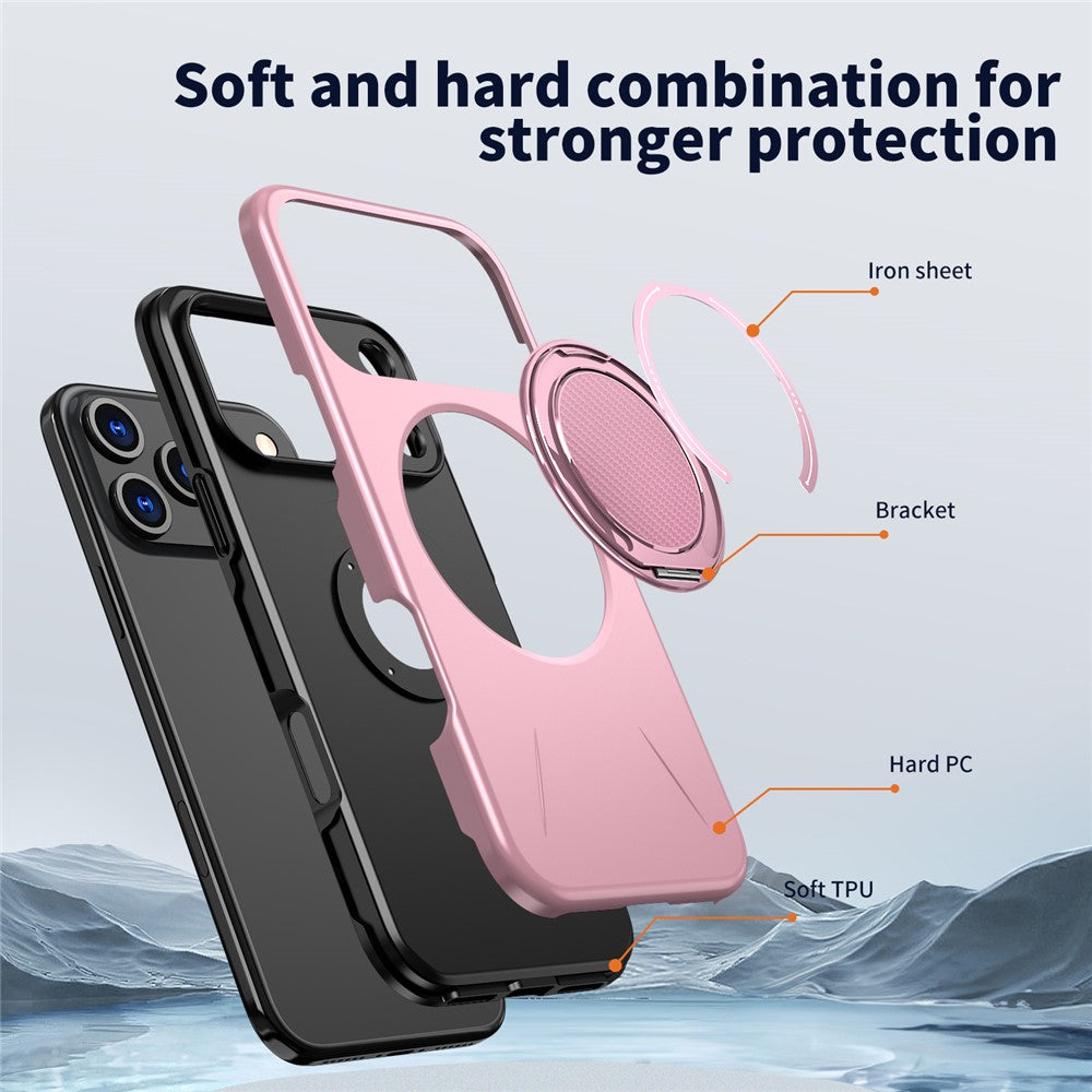 For iPhone 17 Pro Max Magnetic Case Rotating Kickstand TPU + PC Phone Cover - Pink