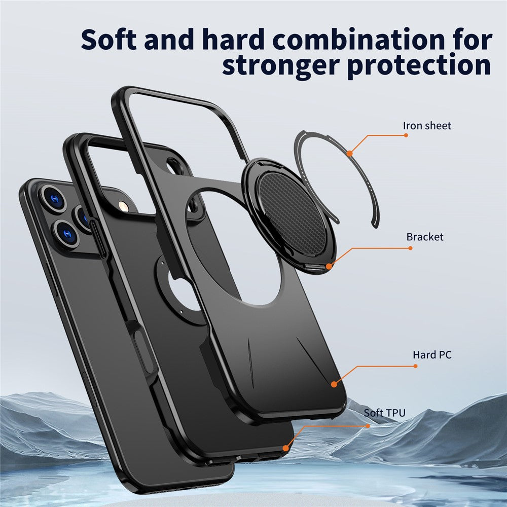 For iPhone 17 Pro Max Magnetic Case Rotating Kickstand TPU + PC Phone Cover - Black