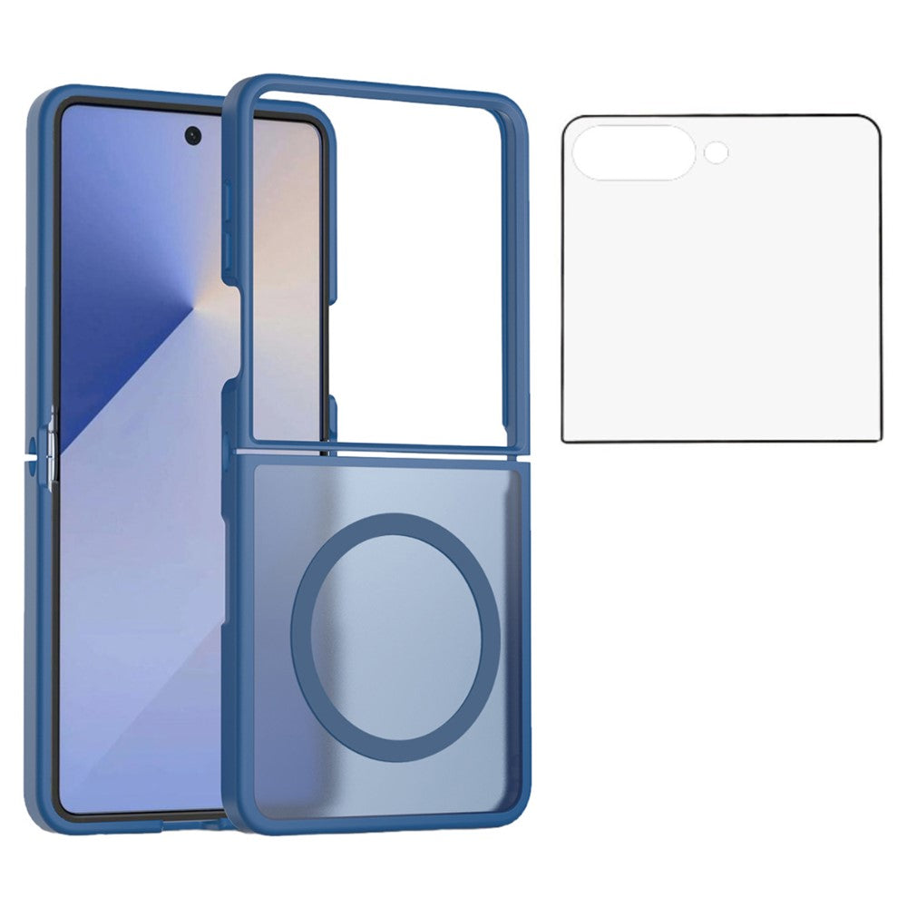 For Samsung Galaxy Z Flip7 5G Case PC + TPU Kickstand Phone Cover with Tempered Glass Screen Film - Sapphire
