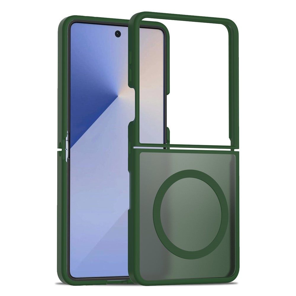 For Samsung Galaxy Z Flip7 5G Case PC + TPU Kickstand Phone Cover with Tempered Glass Screen Film - Blackish Green