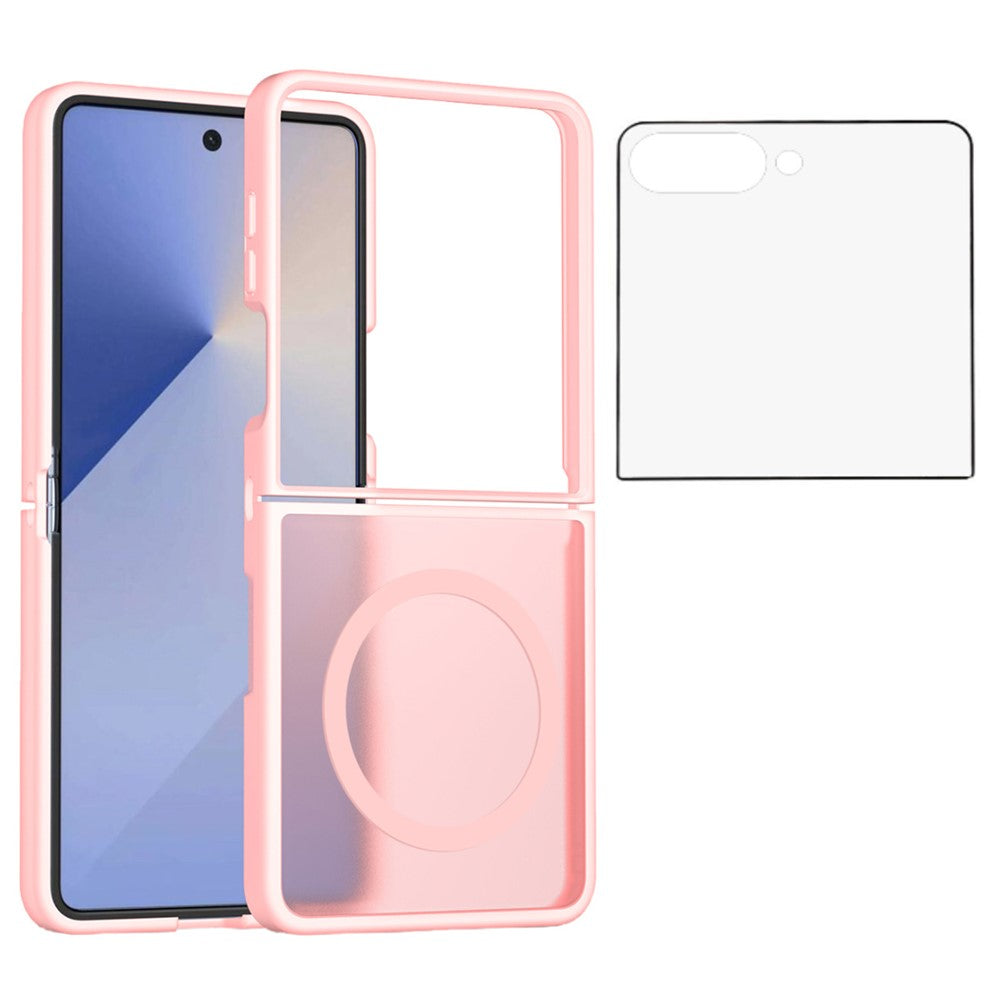 For Samsung Galaxy Z Flip7 5G Case PC + TPU Kickstand Phone Cover with Tempered Glass Screen Film - Light Pink