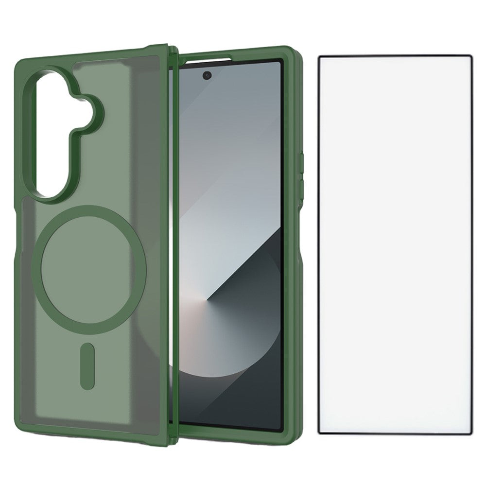 For Samsung Galaxy Z Fold7 5G Case PC + TPU Kickstand Phone Cover with Tempered Glass Screen Film - Blackish Green