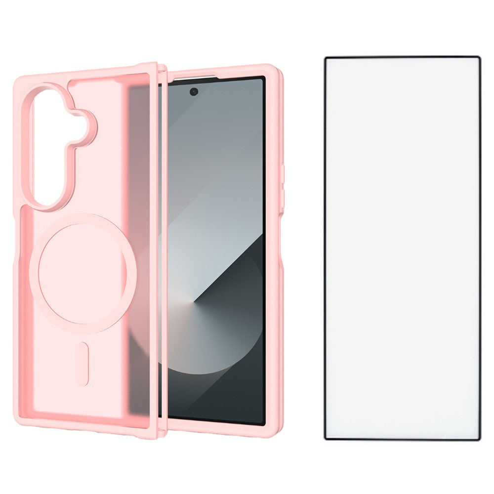 For Samsung Galaxy Z Fold7 5G Case PC + TPU Kickstand Phone Cover with Tempered Glass Screen Film - Light Pink