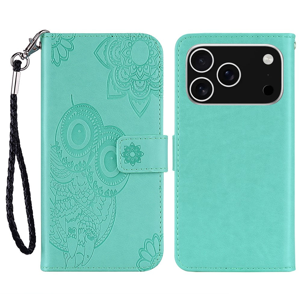 For iPhone 17 Pro Max Case Owl Flower Imprinted Leather Cover Wallet with Strap - Cyan