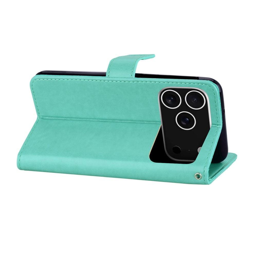 For iPhone 17 Pro Max Case Owl Flower Imprinted Leather Cover Wallet with Strap - Cyan