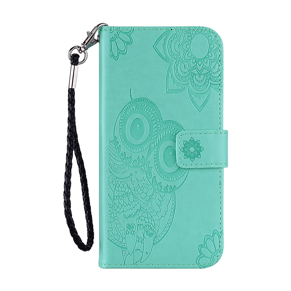 For iPhone 17 Pro Max Case Owl Flower Imprinted Leather Cover Wallet with Strap - Cyan