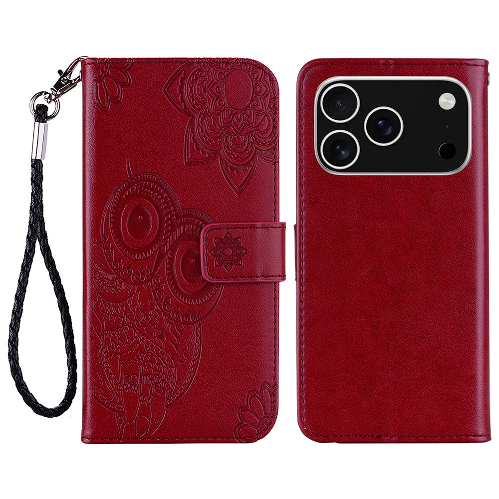 For iPhone 17 Pro Max Case Owl Flower Imprinted Leather Cover Wallet with Strap - Red