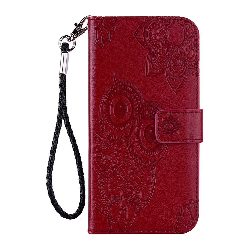 For iPhone 17 Pro Max Case Owl Flower Imprinted Leather Cover Wallet with Strap - Red