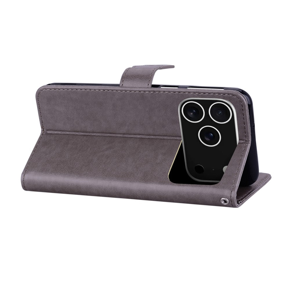 For iPhone 17 Pro Max Case Owl Flower Imprinted Leather Cover Wallet with Strap - Grey