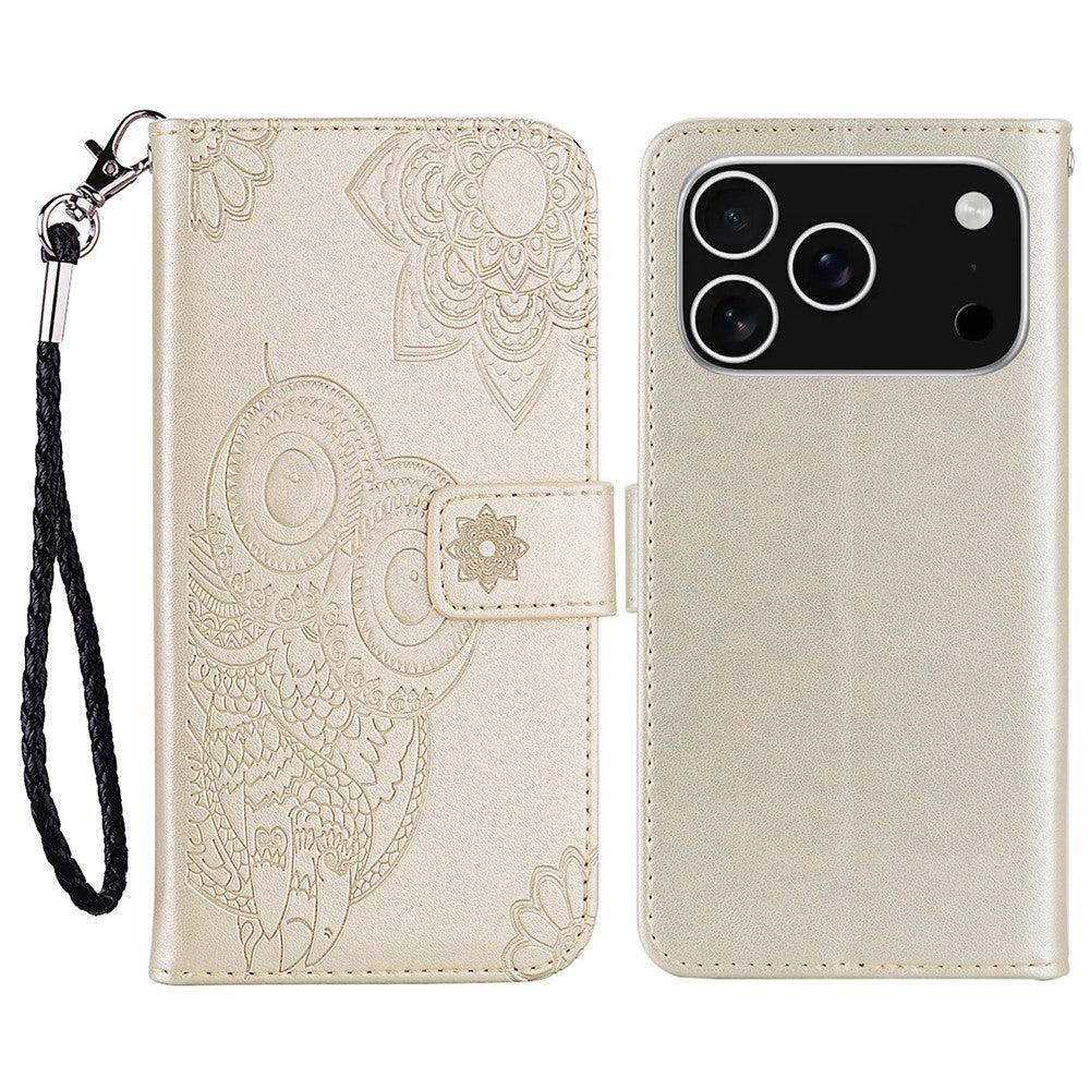 For iPhone 17 Pro Max Case Owl Flower Imprinted Leather Cover Wallet with Strap - Gold