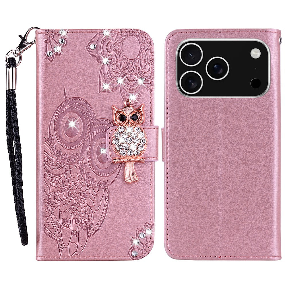 For iPhone 17 Pro Max Wallet Case Owl Flower Imprinted Rhinestone Leather Cover - Rose Gold
