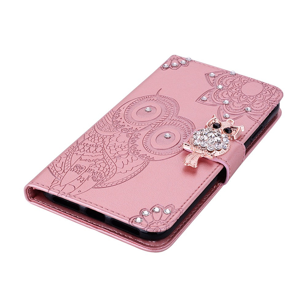 For iPhone 17 Pro Max Wallet Case Owl Flower Imprinted Rhinestone Leather Cover - Rose Gold