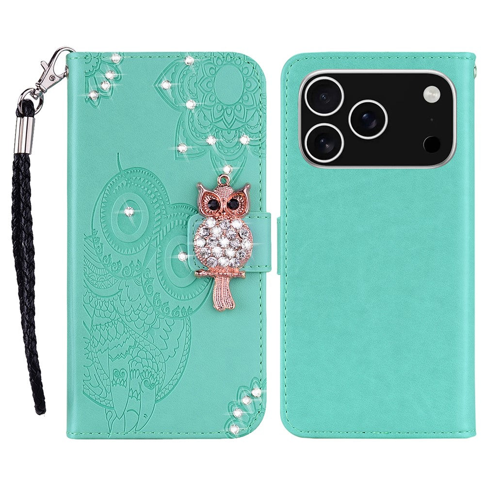 For iPhone 17 Pro Max Wallet Case Owl Flower Imprinted Rhinestone Leather Cover - Cyan