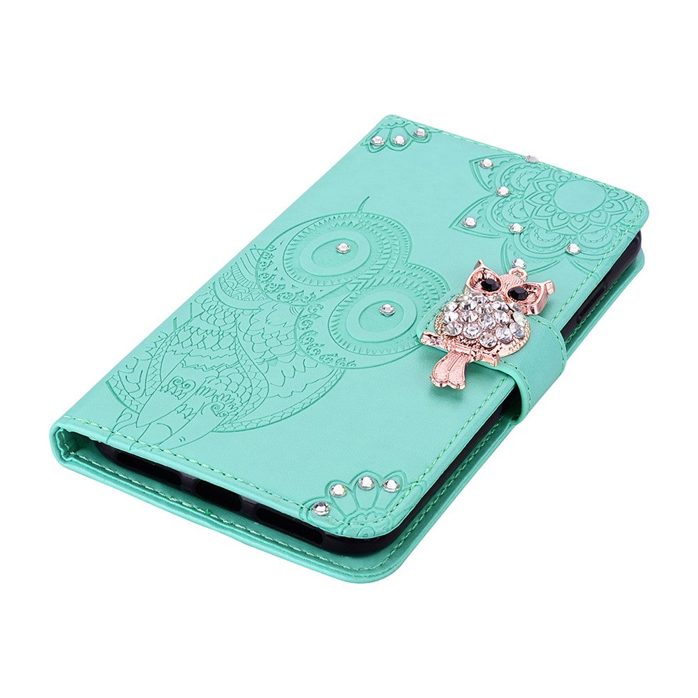 For iPhone 17 Pro Max Wallet Case Owl Flower Imprinted Rhinestone Leather Cover - Cyan