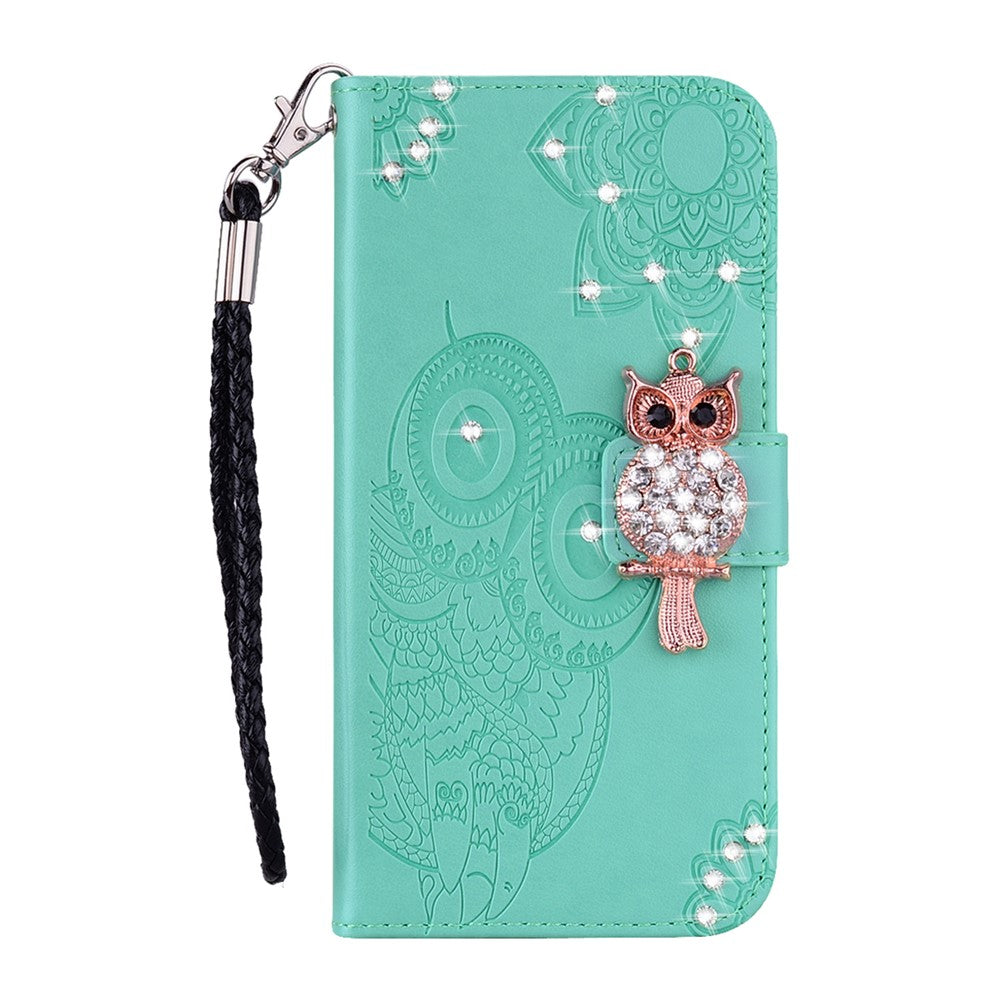 For iPhone 17 Pro Max Wallet Case Owl Flower Imprinted Rhinestone Leather Cover - Cyan