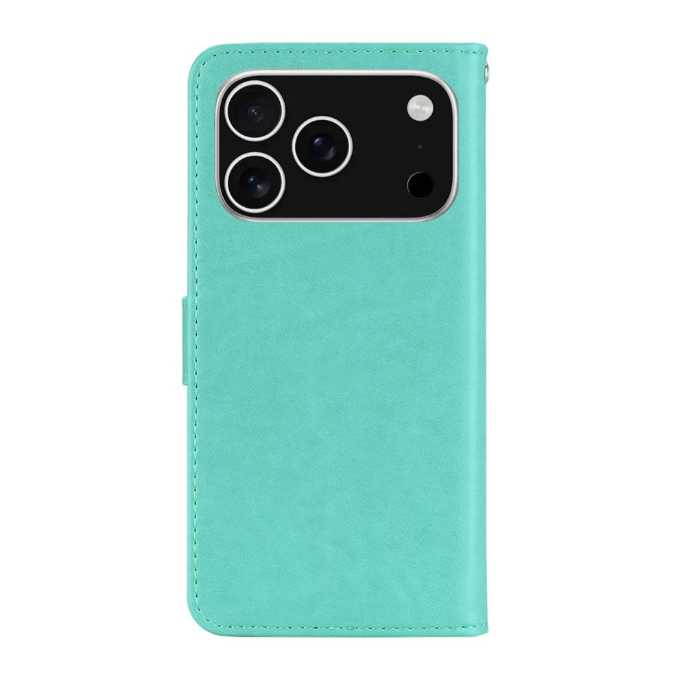 For iPhone 17 Pro Max Wallet Case Owl Flower Imprinted Rhinestone Leather Cover - Cyan