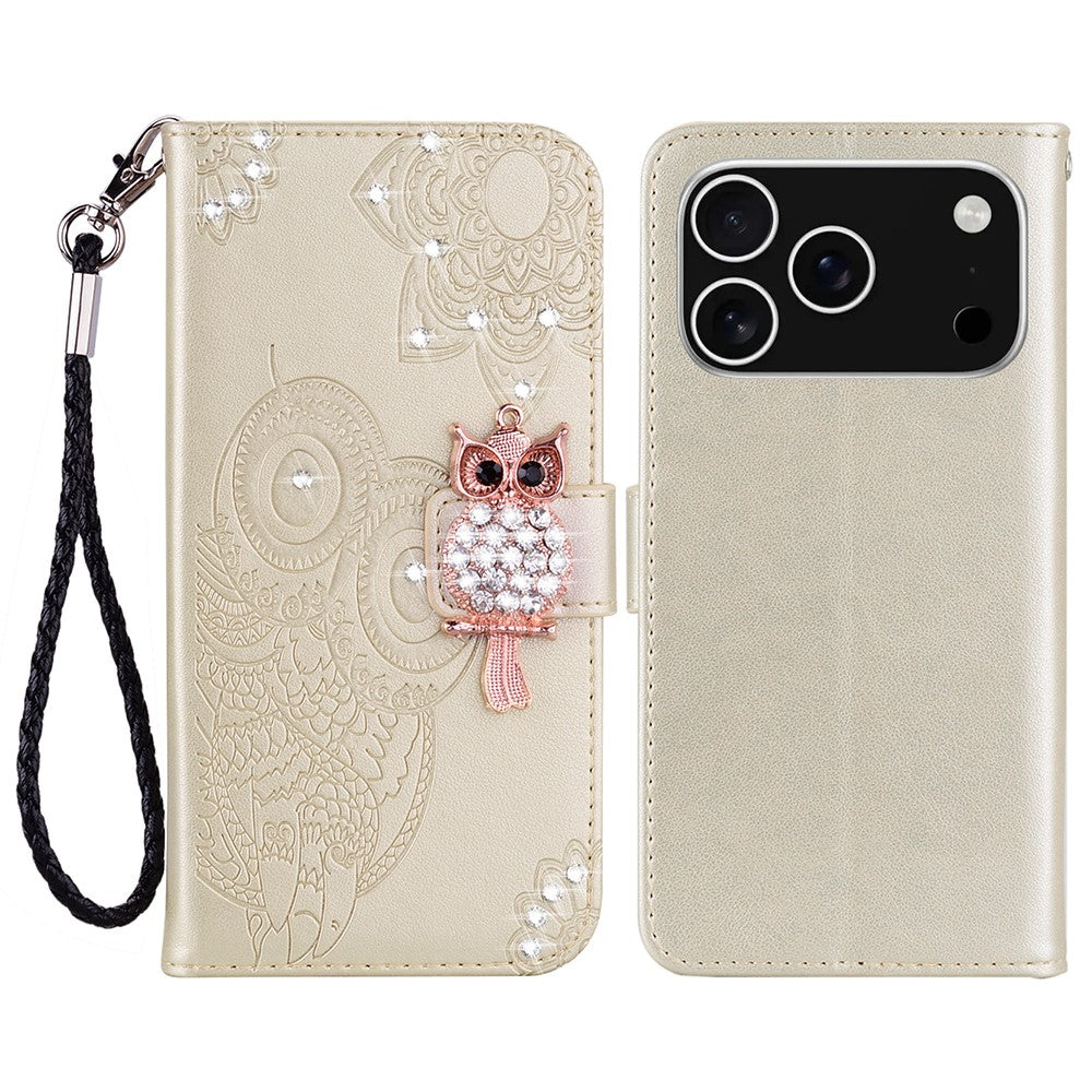 For iPhone 17 Pro Max Wallet Case Owl Flower Imprinted Rhinestone Leather Cover - Gold