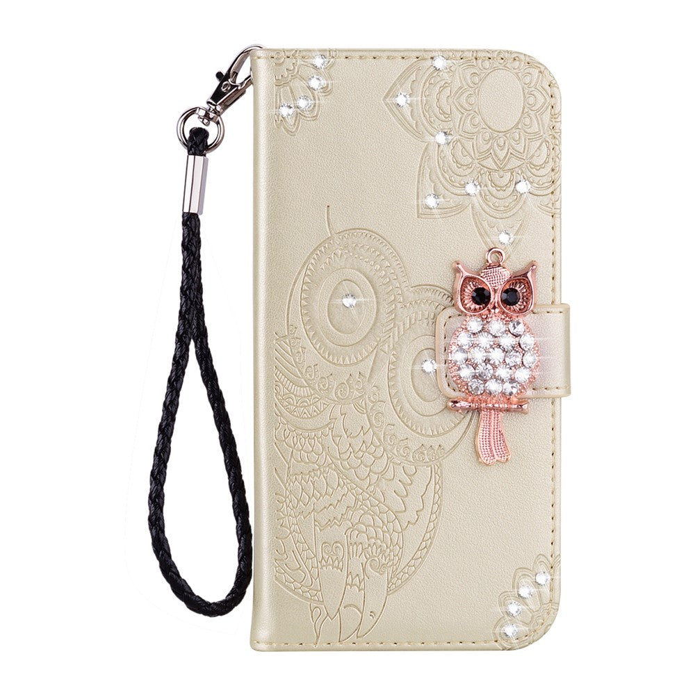 For iPhone 17 Pro Max Wallet Case Owl Flower Imprinted Rhinestone Leather Cover - Gold