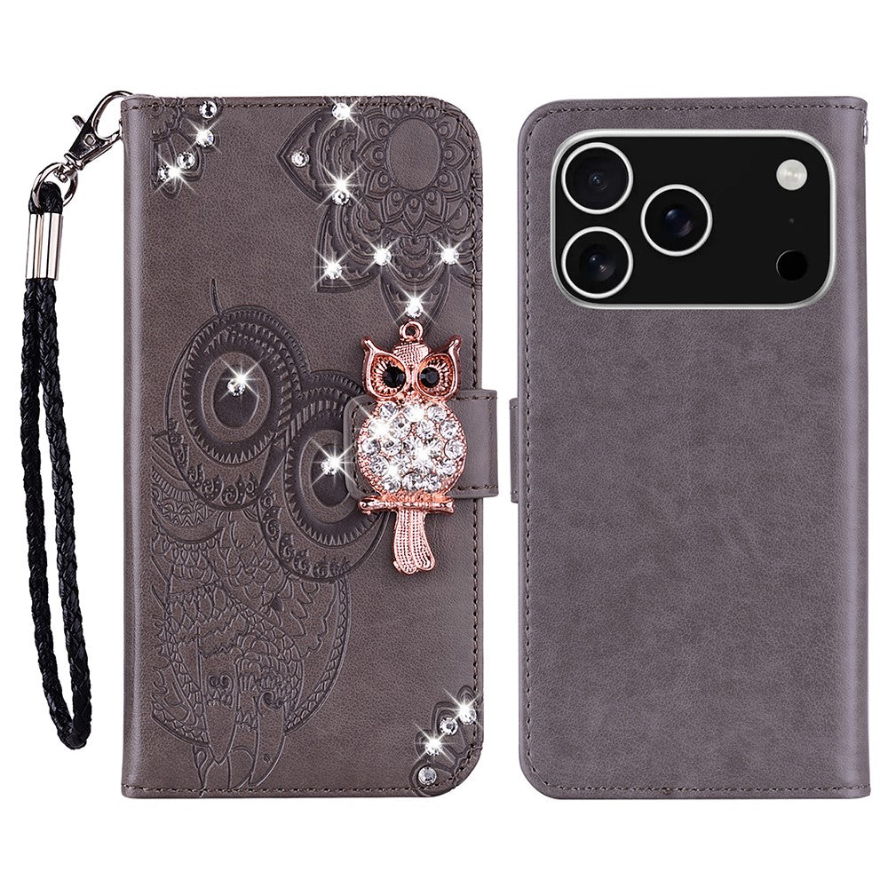 For iPhone 17 Pro Max Wallet Case Owl Flower Imprinted Rhinestone Leather Cover - Grey