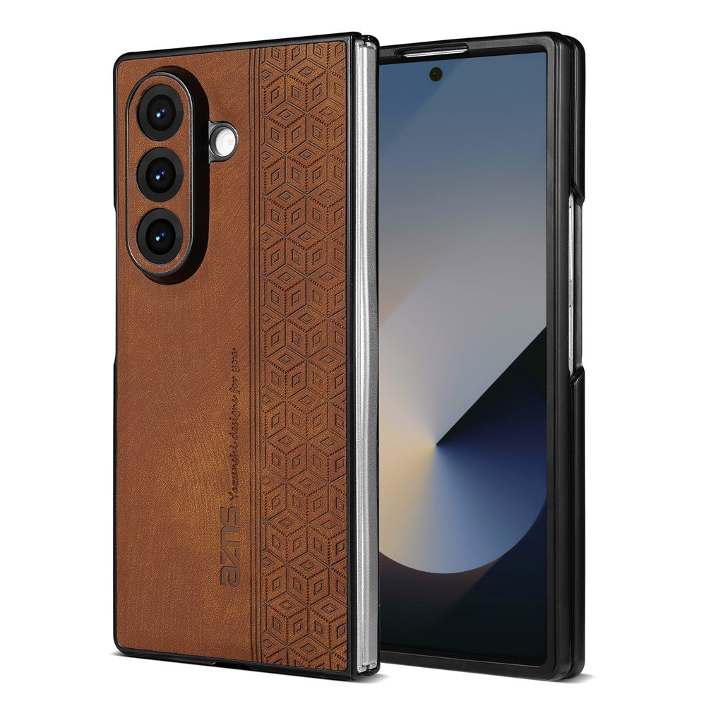 AZNS For Samsung Galaxy Z Fold7 5G Case Imprinted PU Leather Coated PC Phone Back Cover - Brown