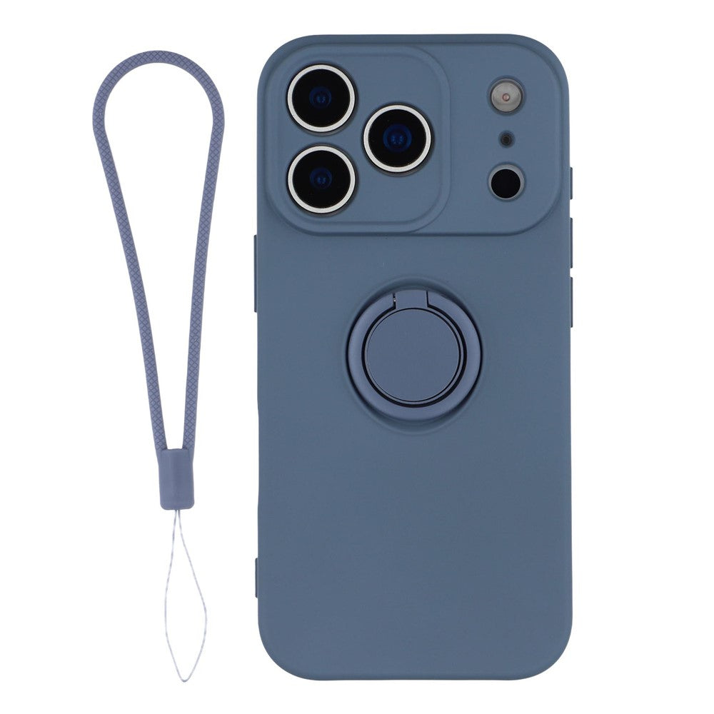 For iPhone 17 Pro Max Silicone Case with Strap Ring Kickstand Phone Cover - Dark Blue
