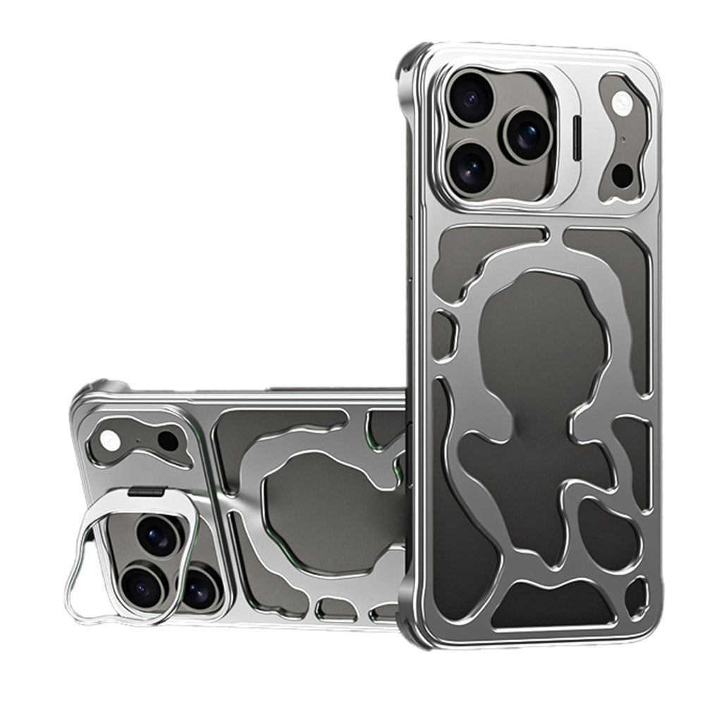 Auspicious Cloud Series For iPhone 17 Pro Max Hollow Case Aluminum Alloy Kickstand Magnetic Phone Cover - Silver