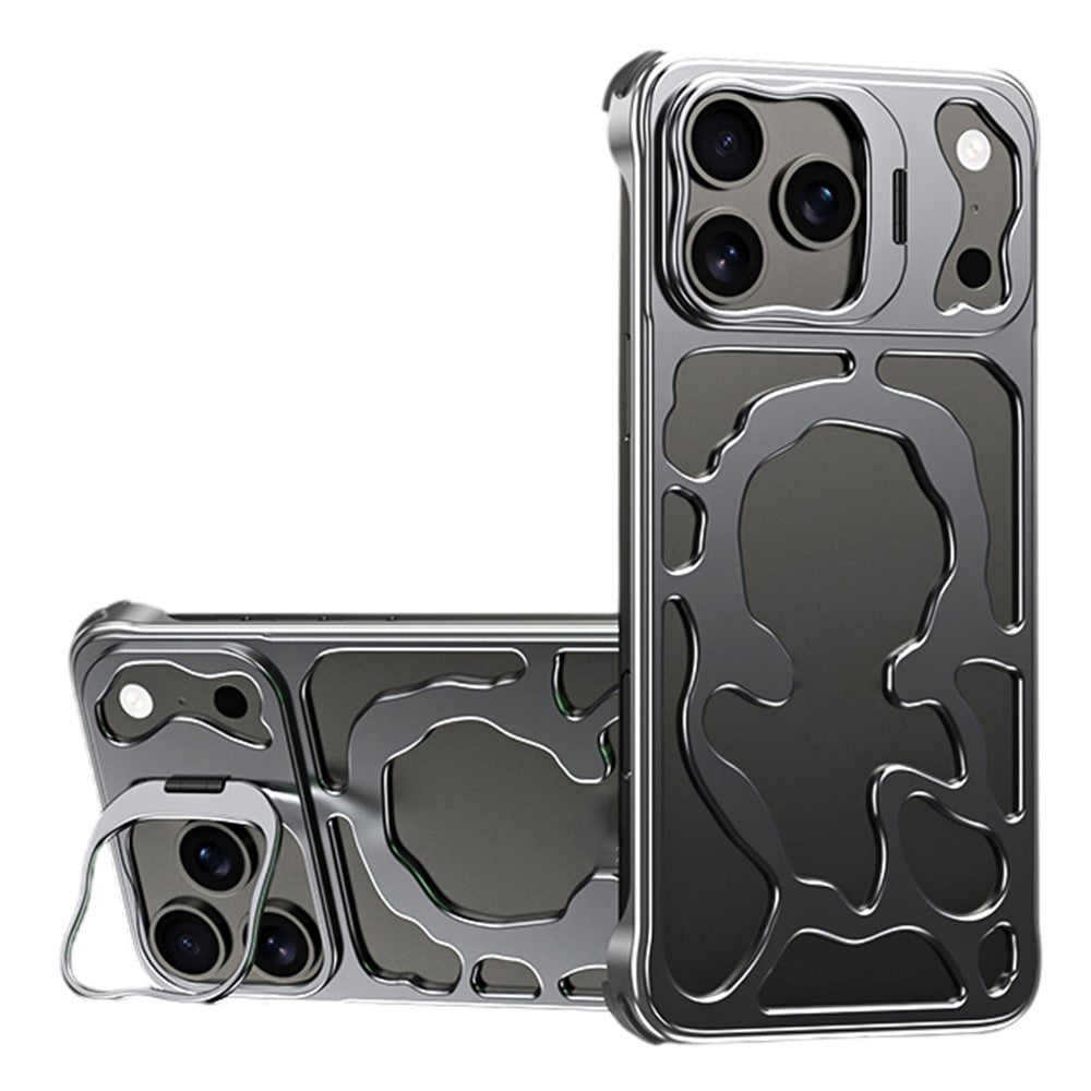 Auspicious Cloud Series For iPhone 17 Pro Max Hollow Case Aluminum Alloy Kickstand Magnetic Phone Cover - Grey