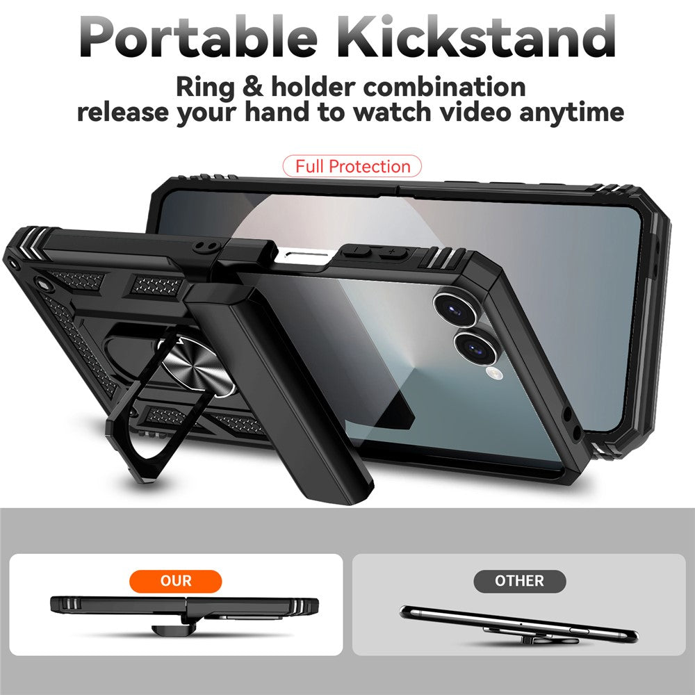 For Samsung Galaxy Z Flip7 5G Case with Wrist Strap / Kickstand Hinge Protection PC + TPU Phone Cover - Black