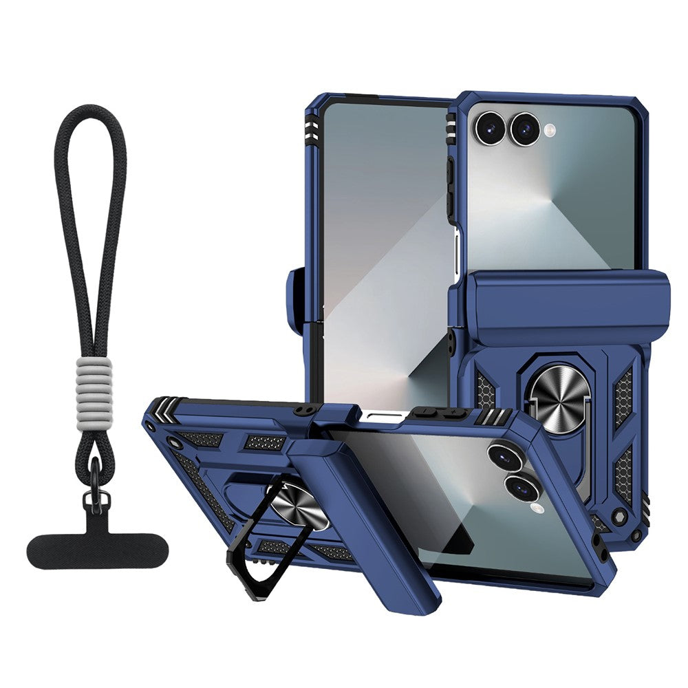 For Samsung Galaxy Z Flip7 5G Case with Wrist Strap / Kickstand Hinge Protection PC + TPU Phone Cover - Blue