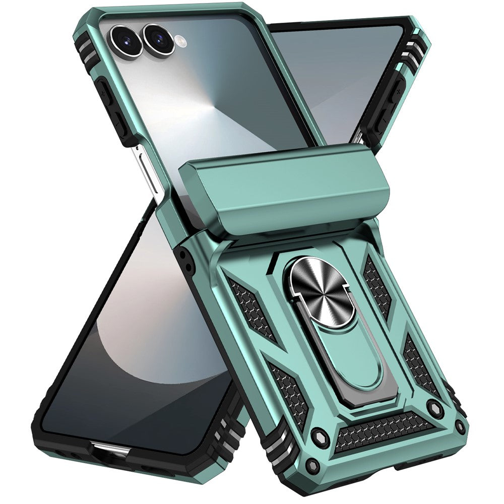 For Samsung Galaxy Z Flip7 5G Case with Wrist Strap / Kickstand Hinge Protection PC + TPU Phone Cover - Blackish Green