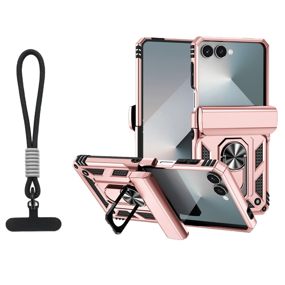 For Samsung Galaxy Z Flip7 5G Case with Wrist Strap / Kickstand Hinge Protection PC + TPU Phone Cover - Rose Gold