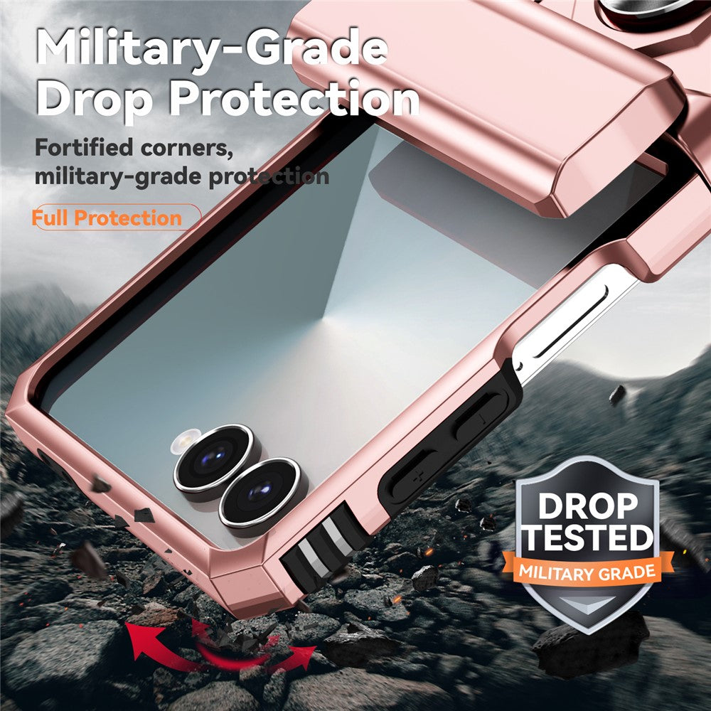 For Samsung Galaxy Z Flip7 5G Case with Wrist Strap / Kickstand Hinge Protection PC + TPU Phone Cover - Rose Gold