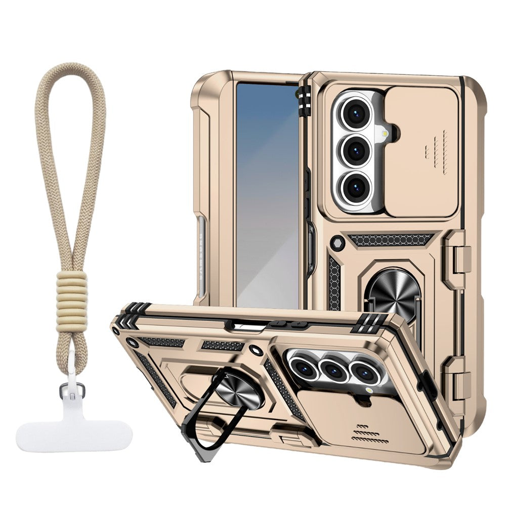 For Samsung Galaxy Z Fold7 5G Case with Wrist Strap / Kickstand Hinge Protection PC + TPU Phone Cover - Gold