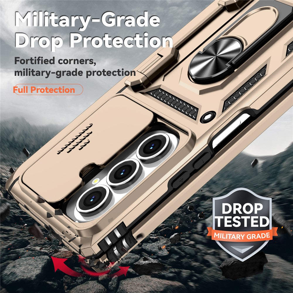 For Samsung Galaxy Z Fold7 5G Case with Wrist Strap / Kickstand Hinge Protection PC + TPU Phone Cover - Gold