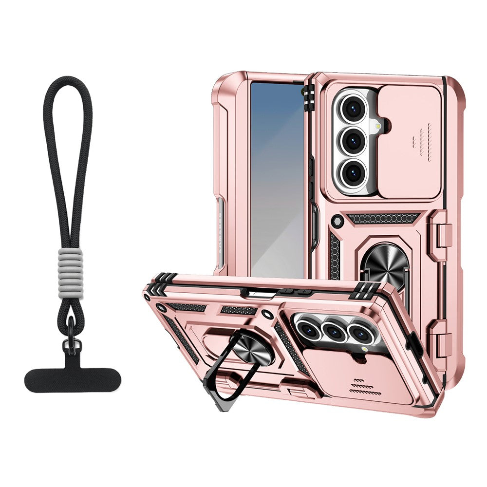 For Samsung Galaxy Z Fold7 5G Case with Wrist Strap / Kickstand Hinge Protection PC + TPU Phone Cover - Rose Gold