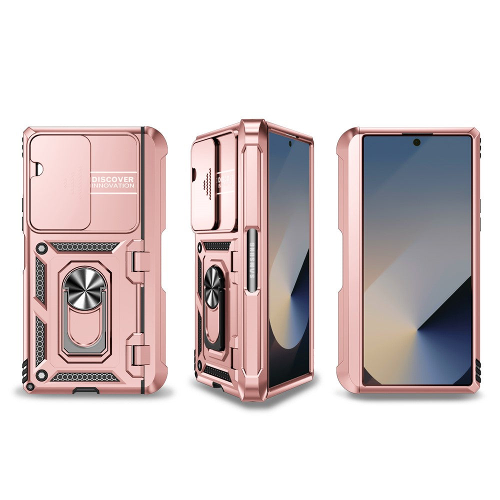 For Samsung Galaxy Z Fold7 5G Case with Wrist Strap / Kickstand Hinge Protection PC + TPU Phone Cover - Rose Gold