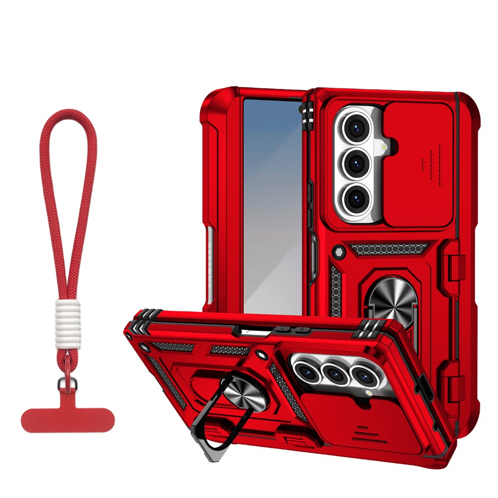 For Samsung Galaxy Z Fold7 5G Case with Wrist Strap / Kickstand Hinge Protection PC + TPU Phone Cover - Red
