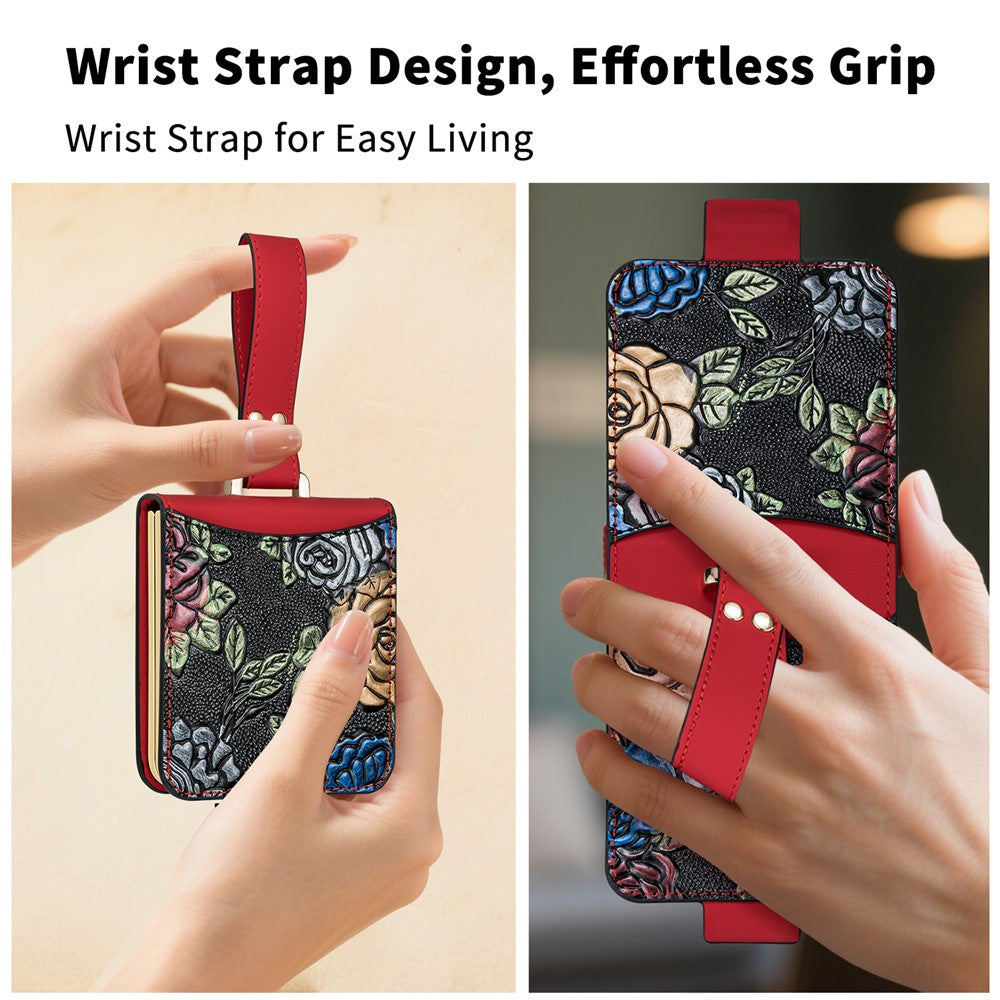 For Samsung Galaxy Z Flip7 5G Kickstand Case Flower Pattern Leather+PC Phone Cover with Back Film - Red