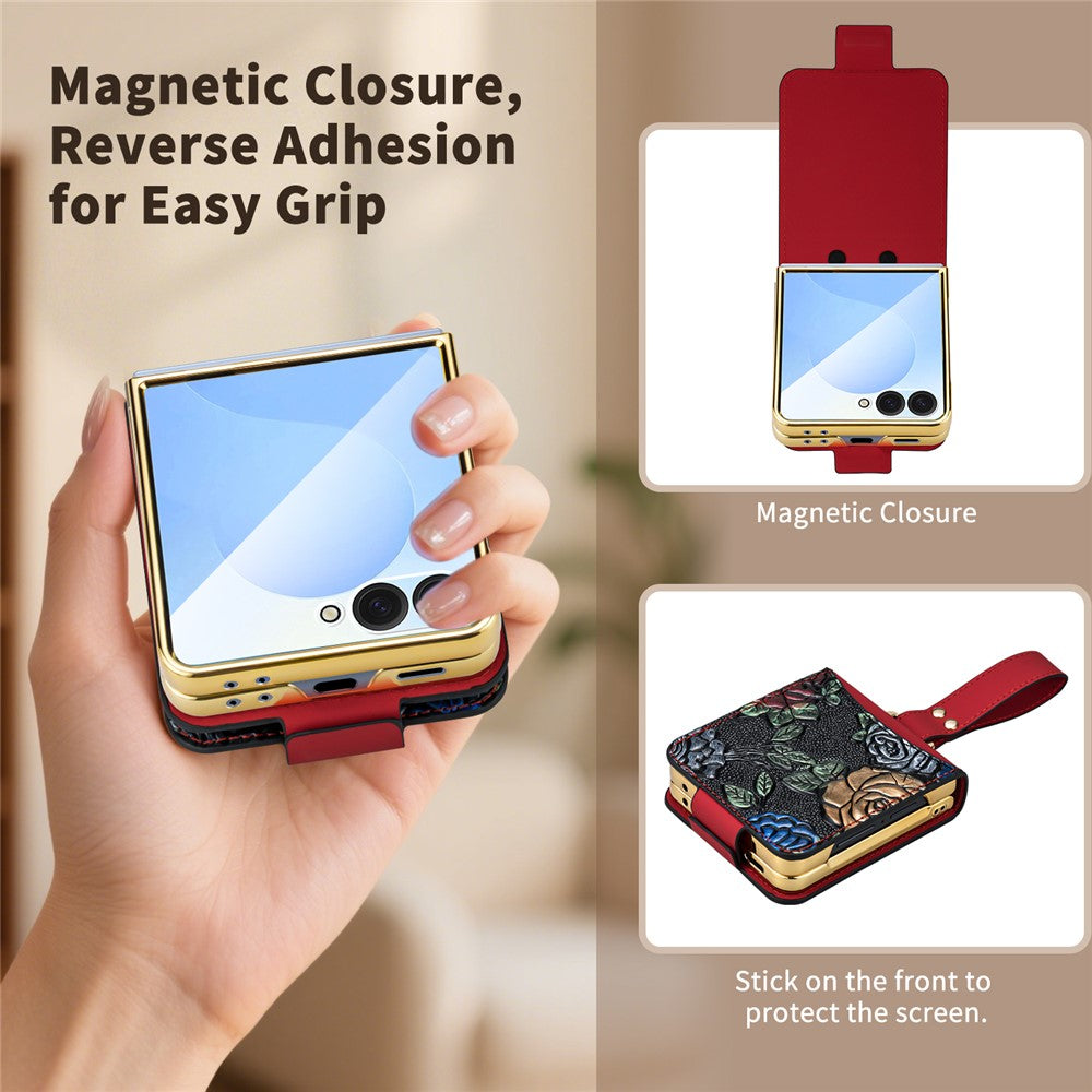 For Samsung Galaxy Z Flip7 5G Kickstand Case Flower Pattern Leather+PC Phone Cover with Back Film - Red