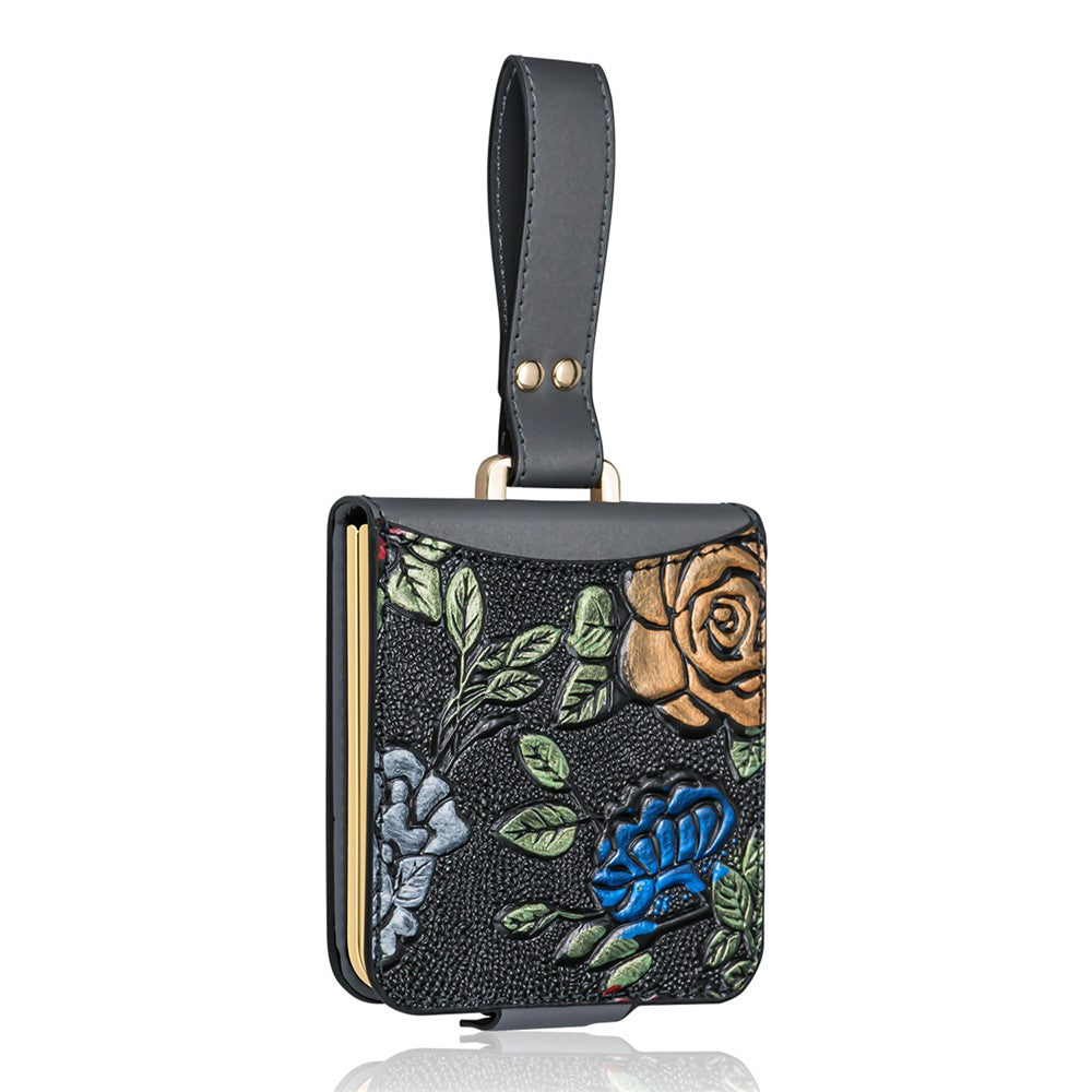 For Samsung Galaxy Z Flip7 5G Kickstand Case Flower Pattern Leather+PC Phone Cover with Back Film - Grey